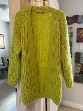 Zara Chartreuse Lime Chunky Knit Open Cardigan Sz S